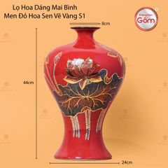 Lọ Hoa Dáng Mai Bình Men Đỏ Hoa Sen Vẽ Vàng