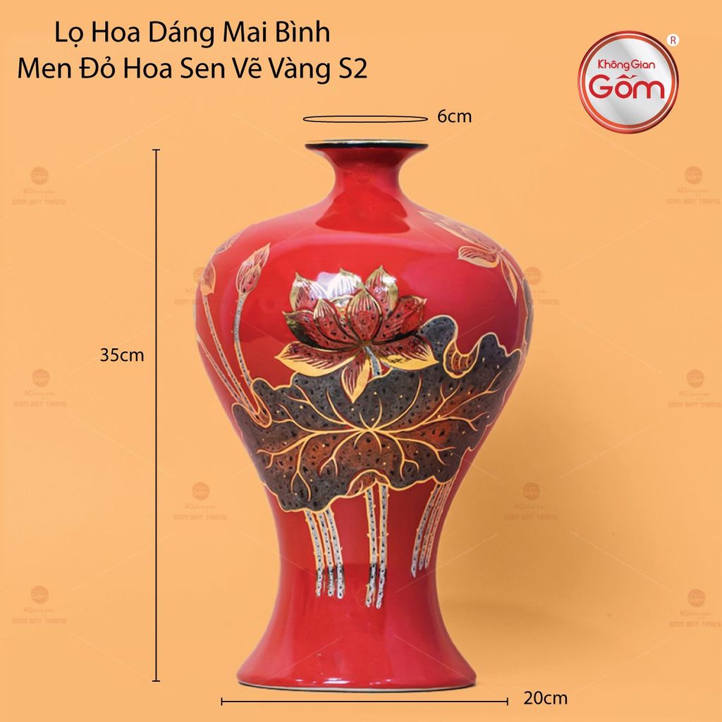 Lọ Hoa Dáng Mai Bình Men Đỏ Hoa Sen Vẽ Vàng