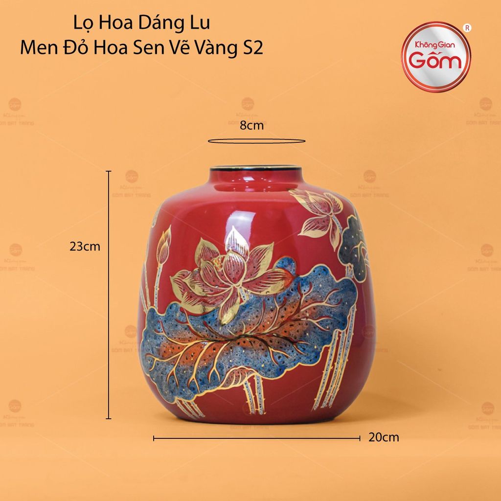 Lọ Hoa Dáng Lu Men Đỏ Hoa Sen Vẽ Vàng