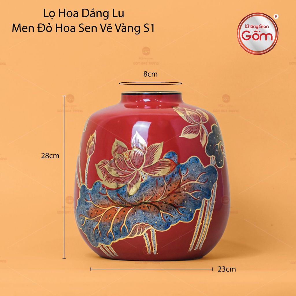 Lọ Hoa Dáng Lu Men Đỏ Hoa Sen Vẽ Vàng