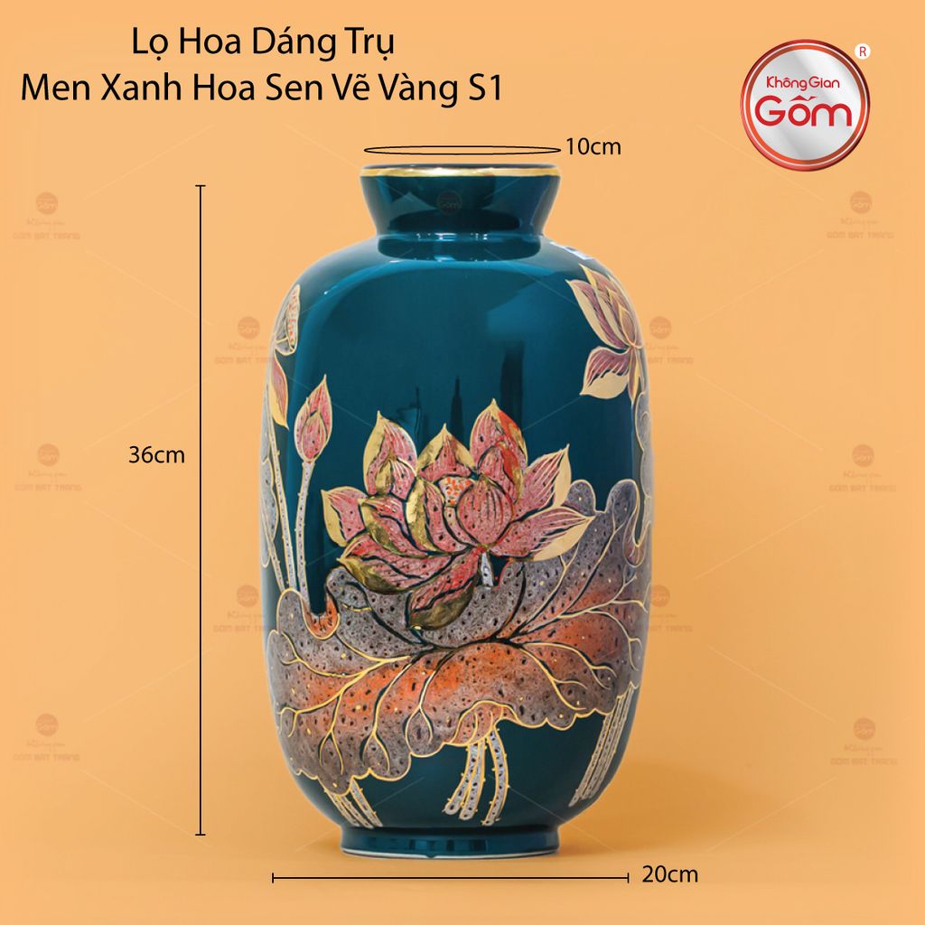Lọ Hoa Dáng Trụ Men Xanh Hoa Sen Vẽ Vàng