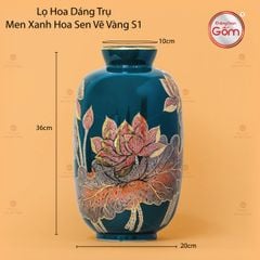 Lọ Hoa Dáng Trụ Men Xanh Hoa Sen Vẽ Vàng