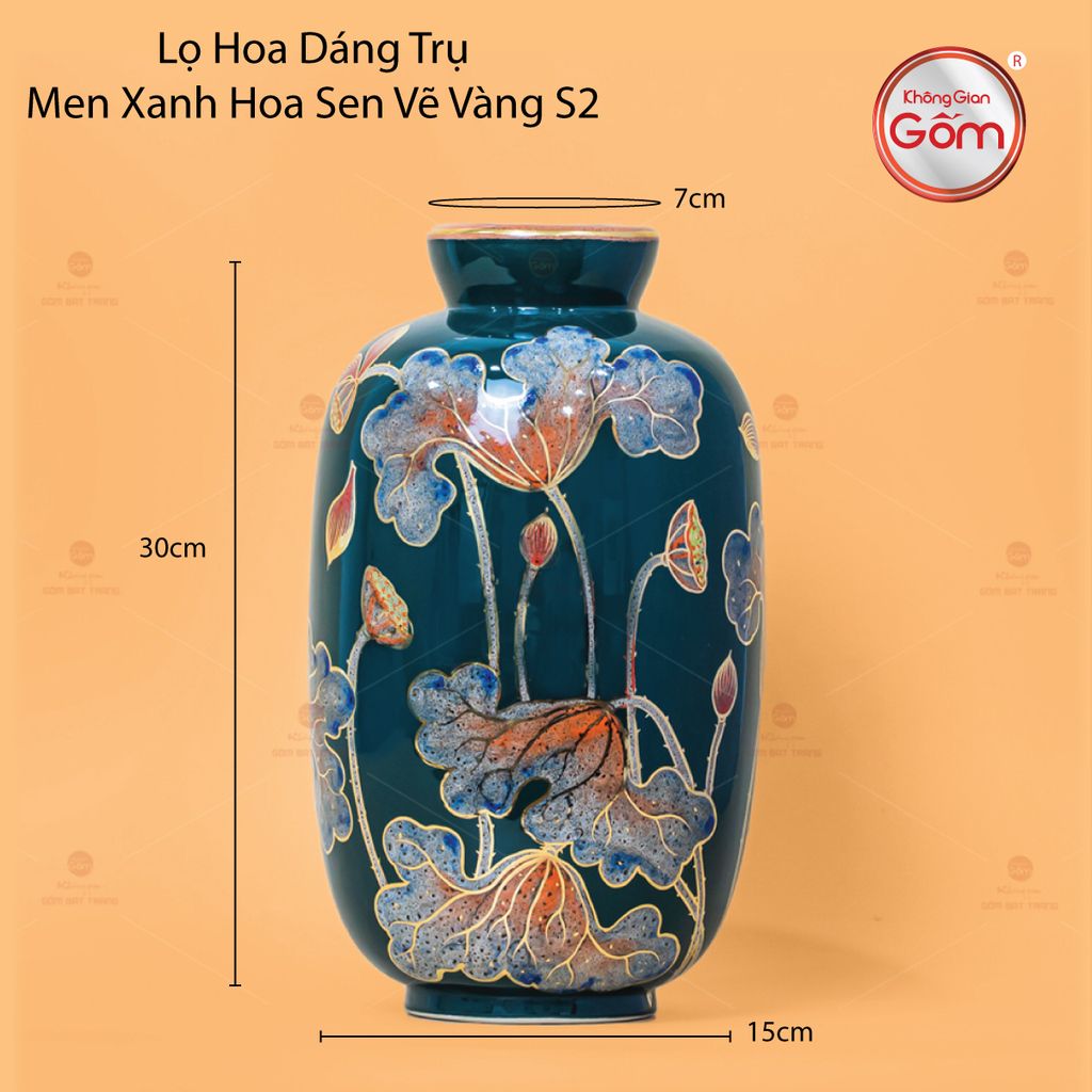 Lọ Hoa Dáng Trụ Men Xanh Búp Sen Vẽ Vàng