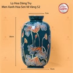 Lọ Hoa Dáng Trụ Men Xanh Búp Sen Vẽ Vàng