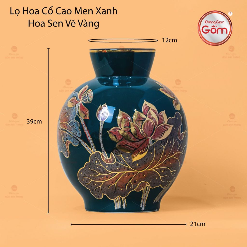 Lọ Hoa Cổ Cao Men Xanh Hoa Sen Vẽ Vàng