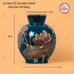 Lọ Hoa Cổ Cao Men Xanh Hoa Sen Vẽ Vàng