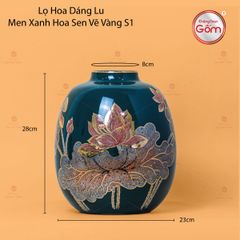 Lọ Hoa Dáng Lu Men Xanh Hoa Sen Vẽ Vàng