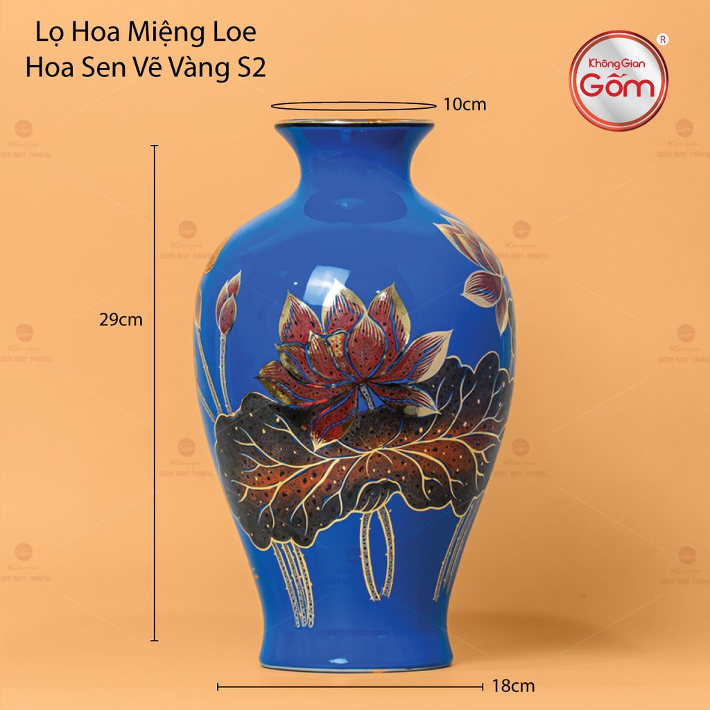 Lọ Hoa Mai Bình Men Xanh Hoa Sen Vẽ Vàng