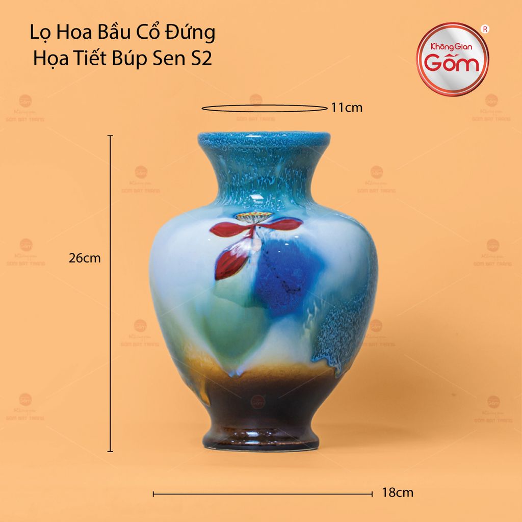 Lọ Hoa Bầu Cổ Đứng Họa Tiết Búp Sen