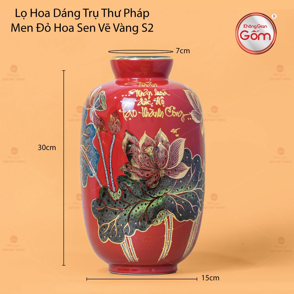 Lọ Hoa Dáng Trụ Men Đỏ Hoa Sen Vẽ Vàng