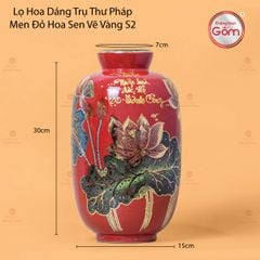 Lọ Hoa Dáng Trụ Men Đỏ Hoa Sen Vẽ Vàng