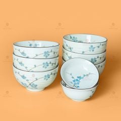 Bộ Bát Đĩa Hoa Mặt Trời Men Kem Hoa Đào Xanh