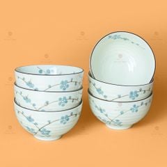 Bộ Bát Đĩa Hoa Mặt Trời Men Kem Hoa Đào Xanh