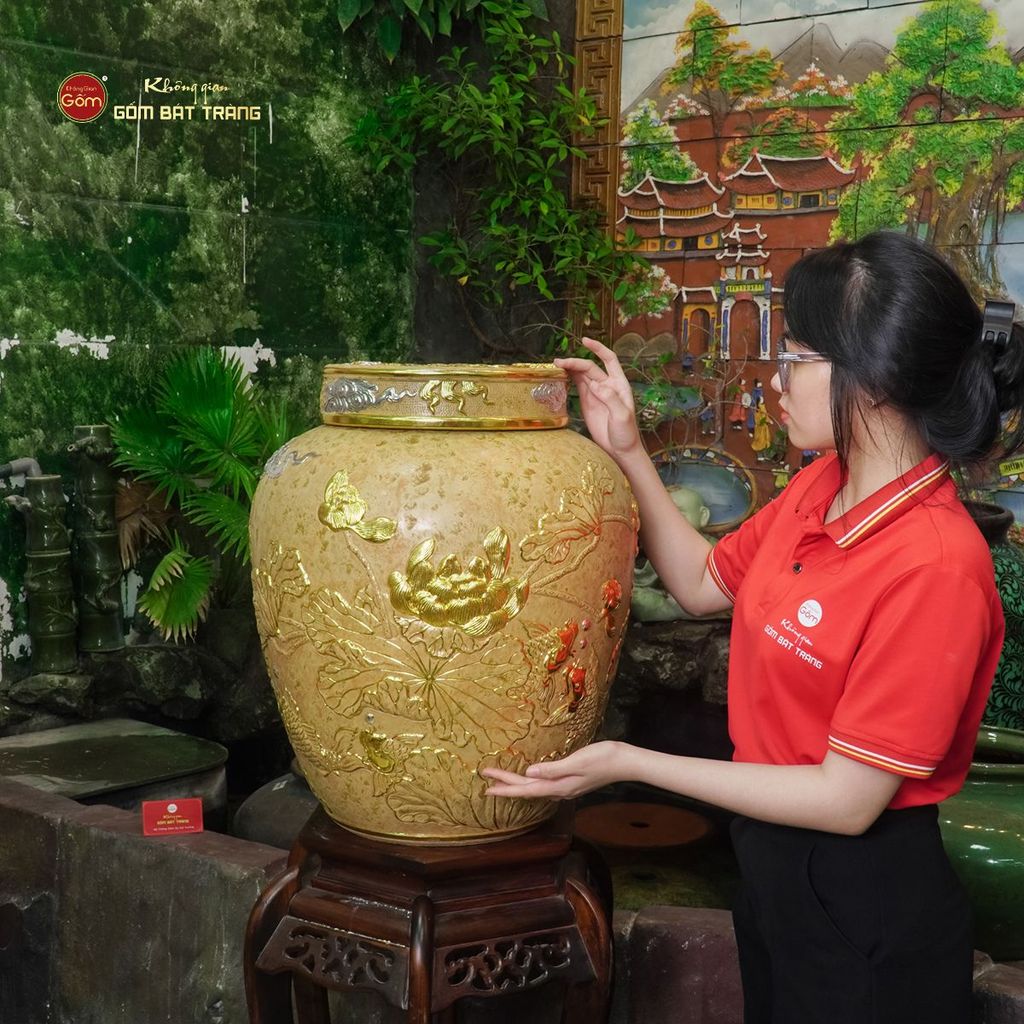Chum Sành Cá Chép Vượt Vũ Môn Kim Sa Chạm Nổi Dát Vàng