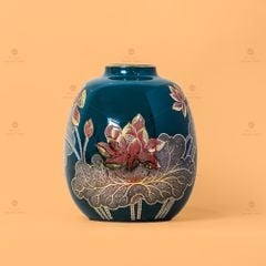 Lọ Hoa Dáng Lu Men Xanh Hoa Sen Vẽ Vàng