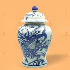 Bình Chóe Ngâm Rượu Men Lam Chim Công Đào