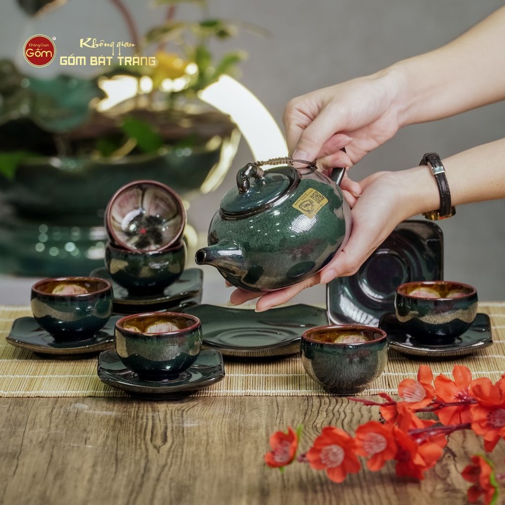 Bộ Ấm Chén Men Hỏa Biến Xanh Ngọc Quả Hồng