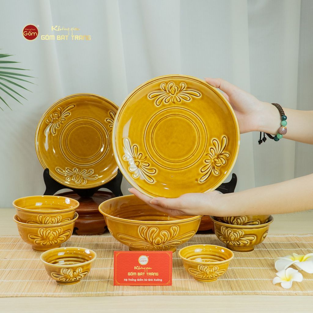 Bộ Bát Đĩa Men Nâu Vân Hoa Cúc