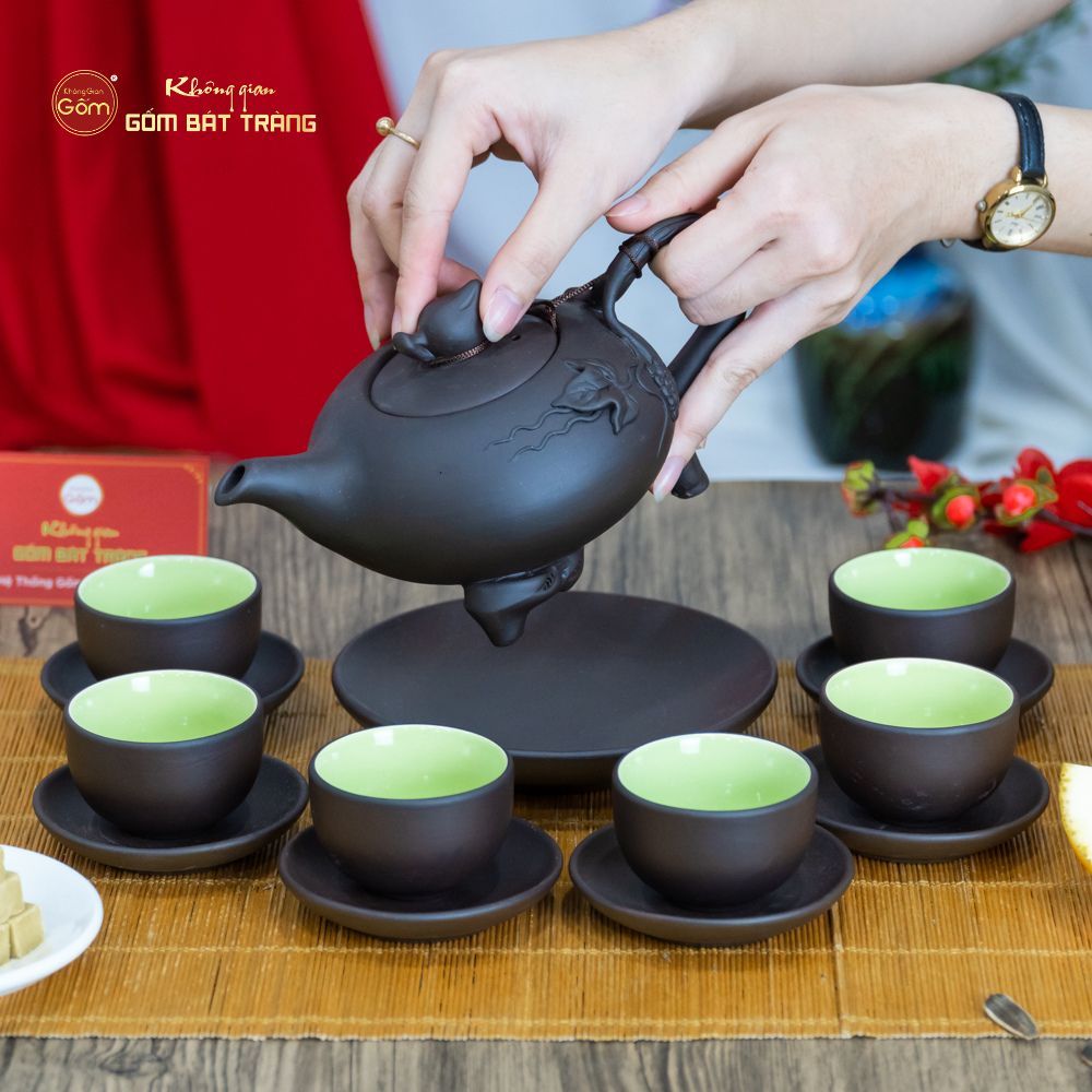 Bộ Ấm Trà Tử Sa Ba Chân Đắp Hoa