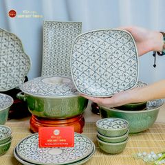 Bộ Bát Đĩa Bát Tràng Men Xanh Ngọc Vẽ Bèo