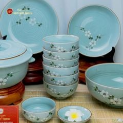 Bộ Bát Đĩa Bát Tràng Men Ngọc Hoa Đào Trắng