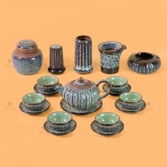 Bộ Ấm Chén Tròn Múi Chén Xanh Ngọc