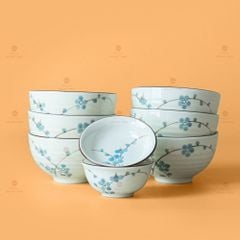 Bộ Bát Đĩa Hoa Mặt Trời Men Kem Hoa Đào Xanh