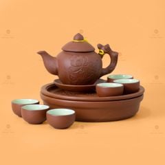 Bộ Ấm Trà Tử Sa Khắc Hoa Khay Thủng