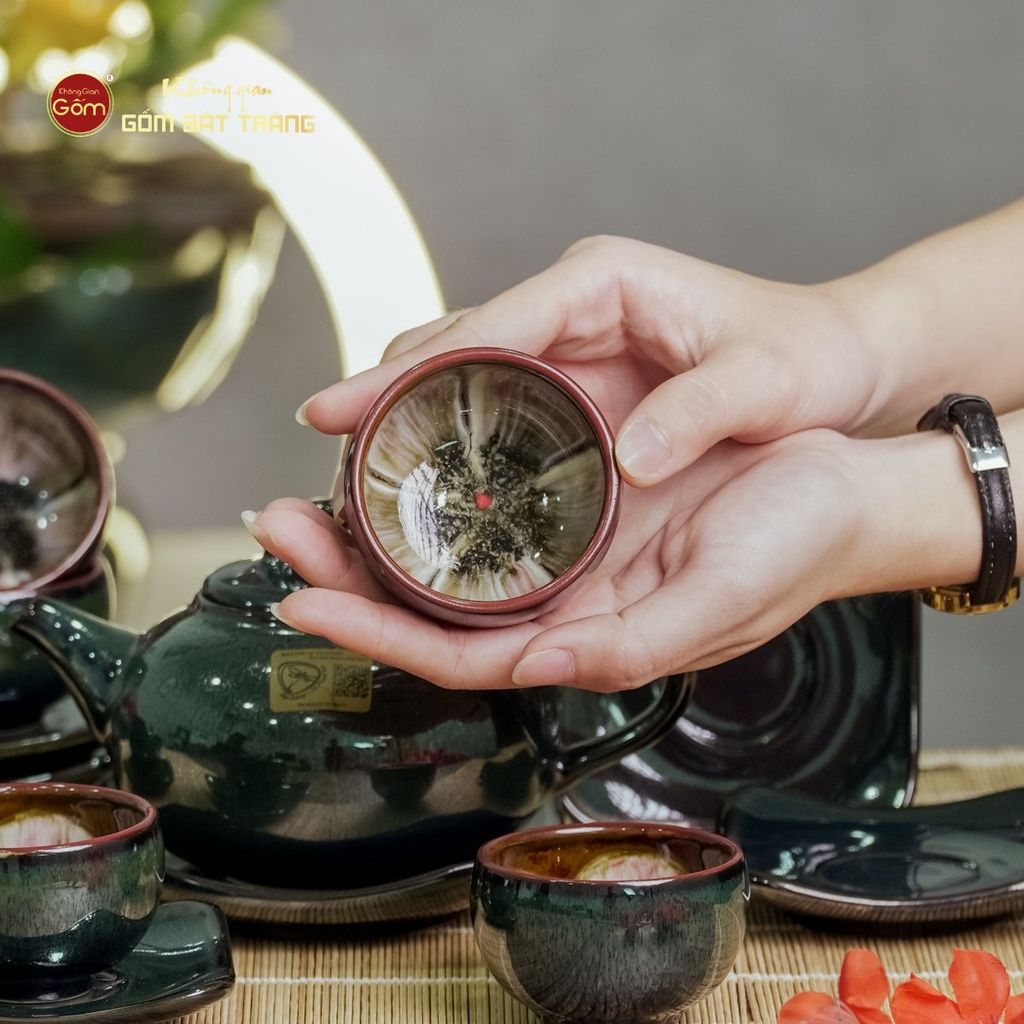Bộ Ấm Chén Men Hỏa Biến Xanh Ngọc Quả Hồng
