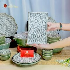 Bộ Bát Đĩa Bát Tràng Men Xanh Ngọc Vẽ Bèo