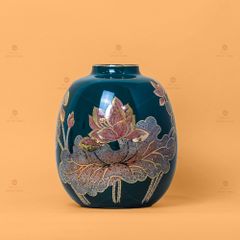 Lọ Hoa Dáng Lu Men Xanh Hoa Sen Vẽ Vàng