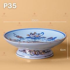 Mâm Bồng Thờ Men Lam Vẽ Vàng Họa Tiết Hoa Sen