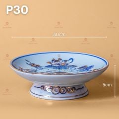 Mâm Bồng Thờ Men Lam Vẽ Vàng Họa Tiết Hoa Sen