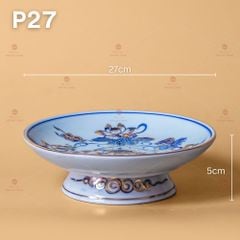 Mâm Bồng Thờ Men Lam Vẽ Vàng Họa Tiết Hoa Sen