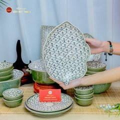 Bộ Bát Đĩa Bát Tràng Men Xanh Ngọc Vẽ Bèo