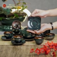 Bộ Ấm Chén Men Hỏa Biến Xanh Ngọc Quả Hồng