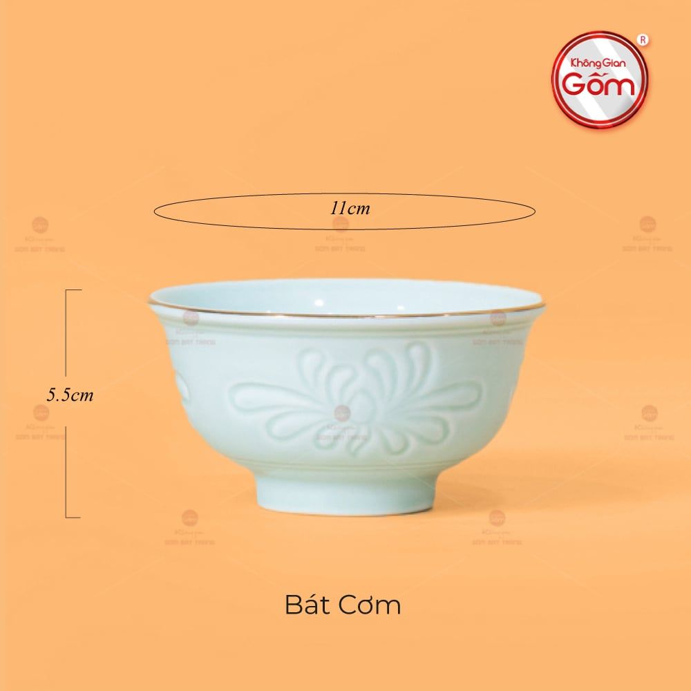 Bộ Bát Đĩa Men Xanh Ngọc Hoa Cúc Kẻ Vàng