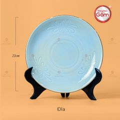 Đĩa Men Xanh Ngọc Hoa Cúc Kẻ Vàng