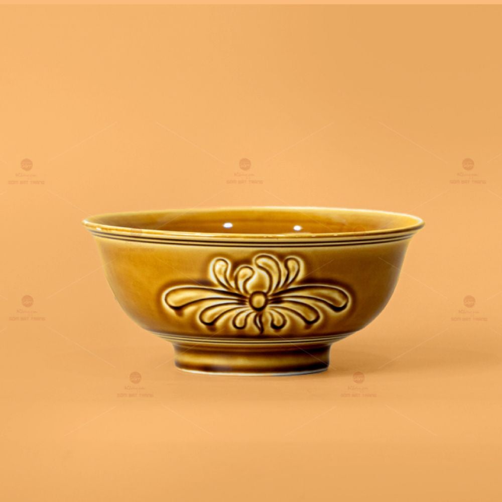 Bộ Bát Đĩa Men Nâu Vân Hoa Cúc