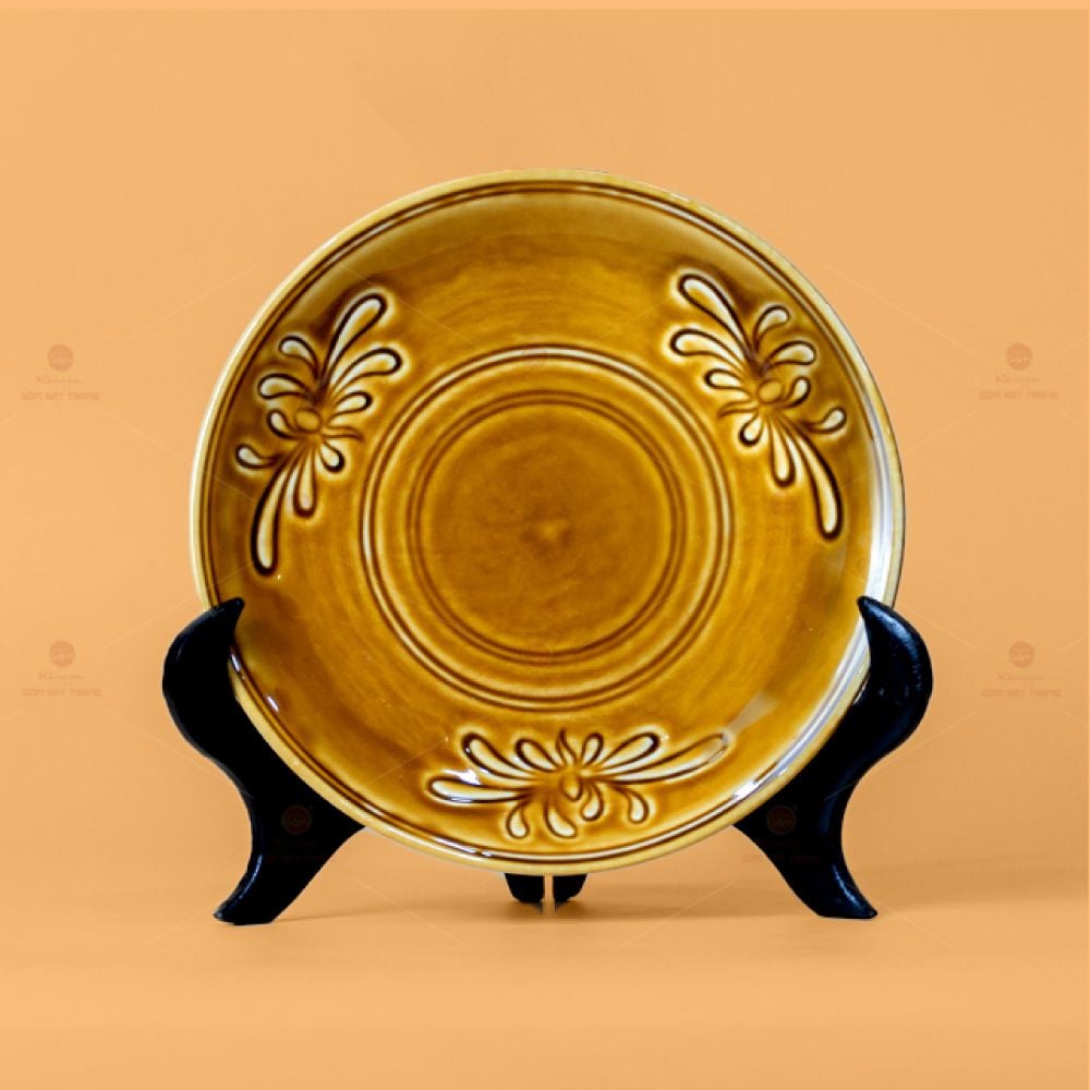 Đĩa Men Nâu Vân Hoa Cúc