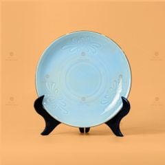 Đĩa Men Xanh Ngọc Hoa Cúc Kẻ Vàng