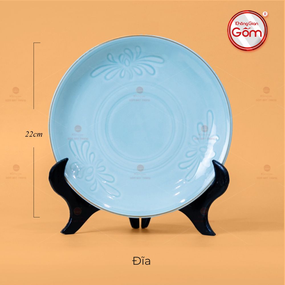 Đĩa Men Xanh Ngọc Vân Hoa Cúc Kẻ Nâu
