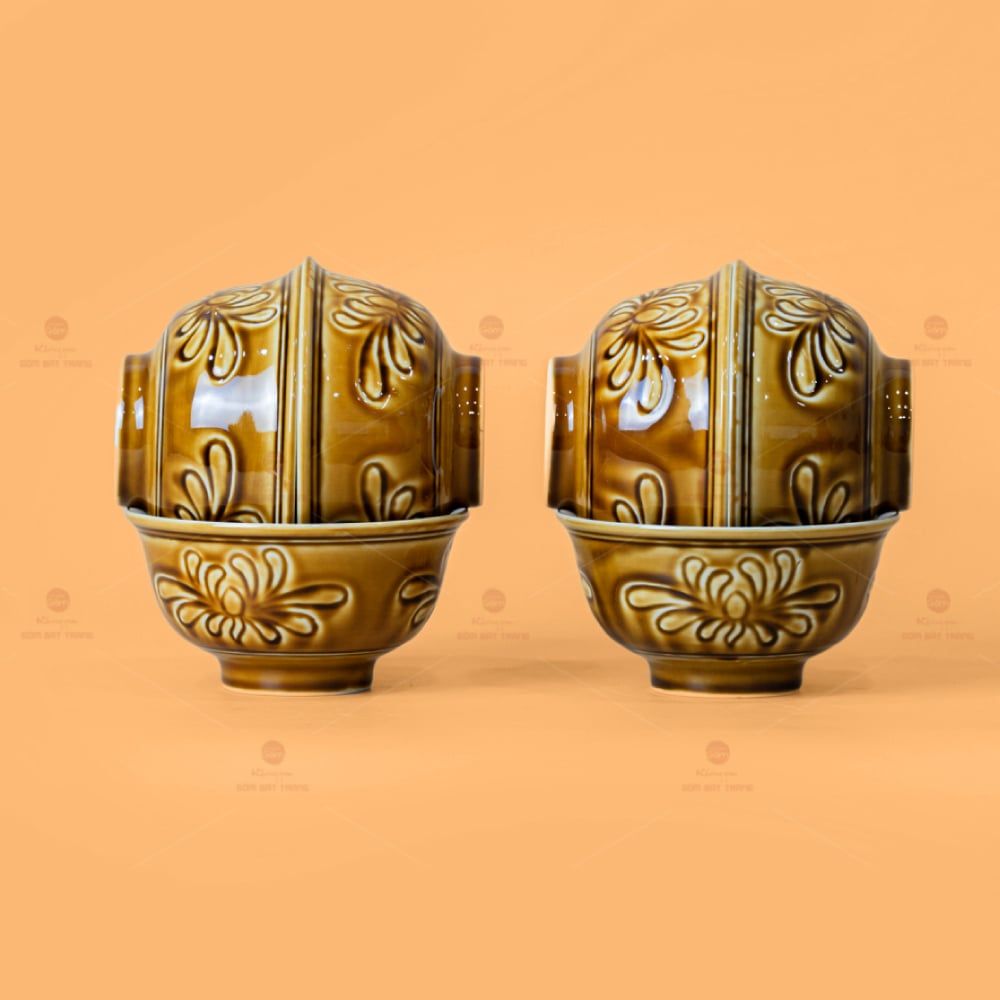Bát Cơm Men Nâu Vân Hoa Cúc