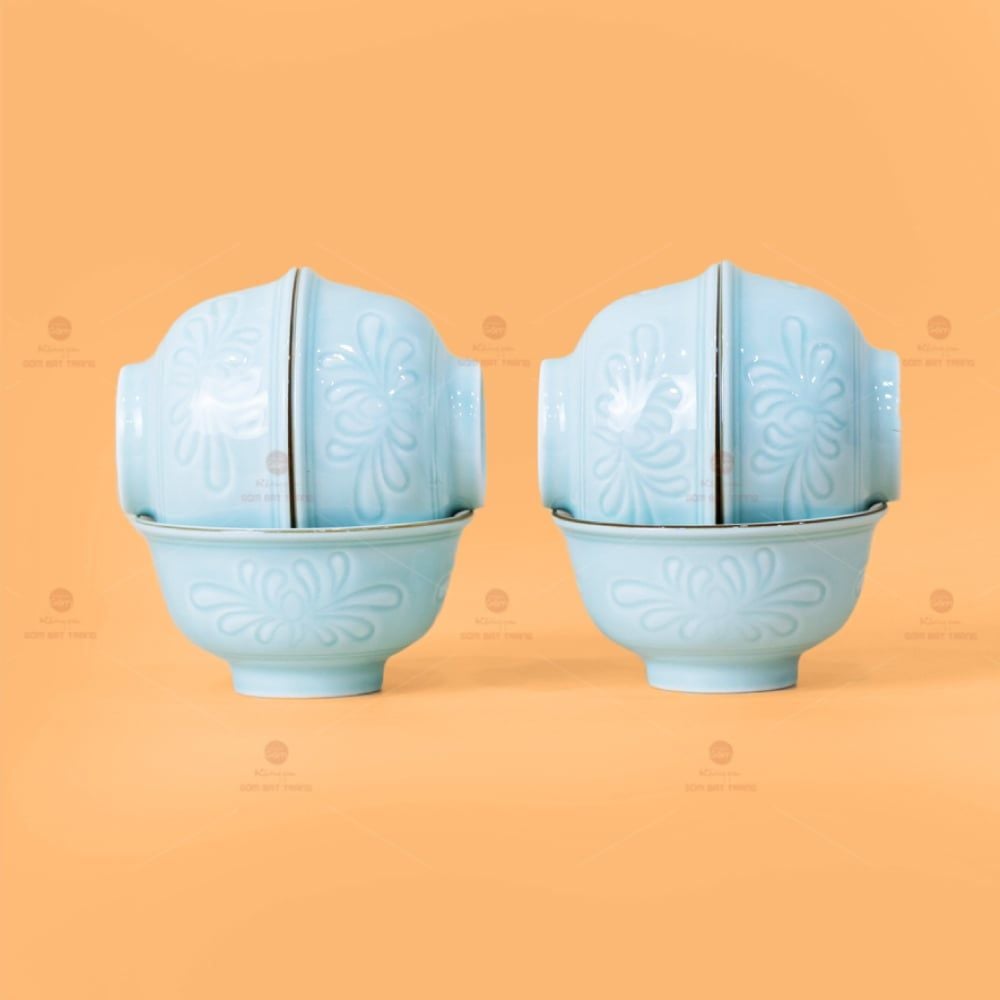 Bát Cơm Men Xanh Ngọc Hoa Cúc Kẻ Vàng