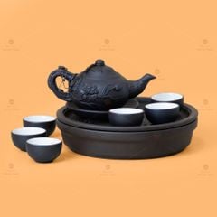Bộ Ấm Trà Tử Sa Đắp Nổi Hoa Sen Khay Thủng