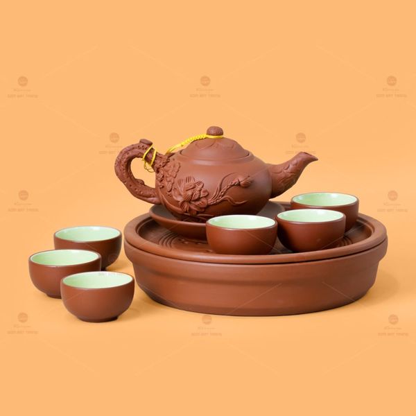 Bộ Ấm Trà Tử Sa Đắp Nổi Hoa Sen Khay Thủng
