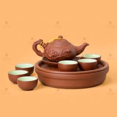 Bộ Ấm Trà Tử Sa Đắp Nổi Hoa Sen Khay Thủng