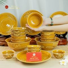 Bộ Bát Đĩa Men Nâu Vân Hoa Cúc