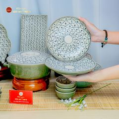 Bộ Bát Đĩa Bát Tràng Men Xanh Ngọc Vẽ Bèo