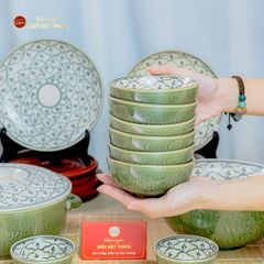Bộ Bát Đĩa Bát Tràng Men Xanh Ngọc Vẽ Bèo